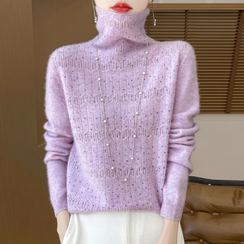 

Женский ажурный жаккардовый вязаный свитер из 100% чистой шерсти с высоким воротником, свободная модная кашемировая рубашка с длинными рукавами