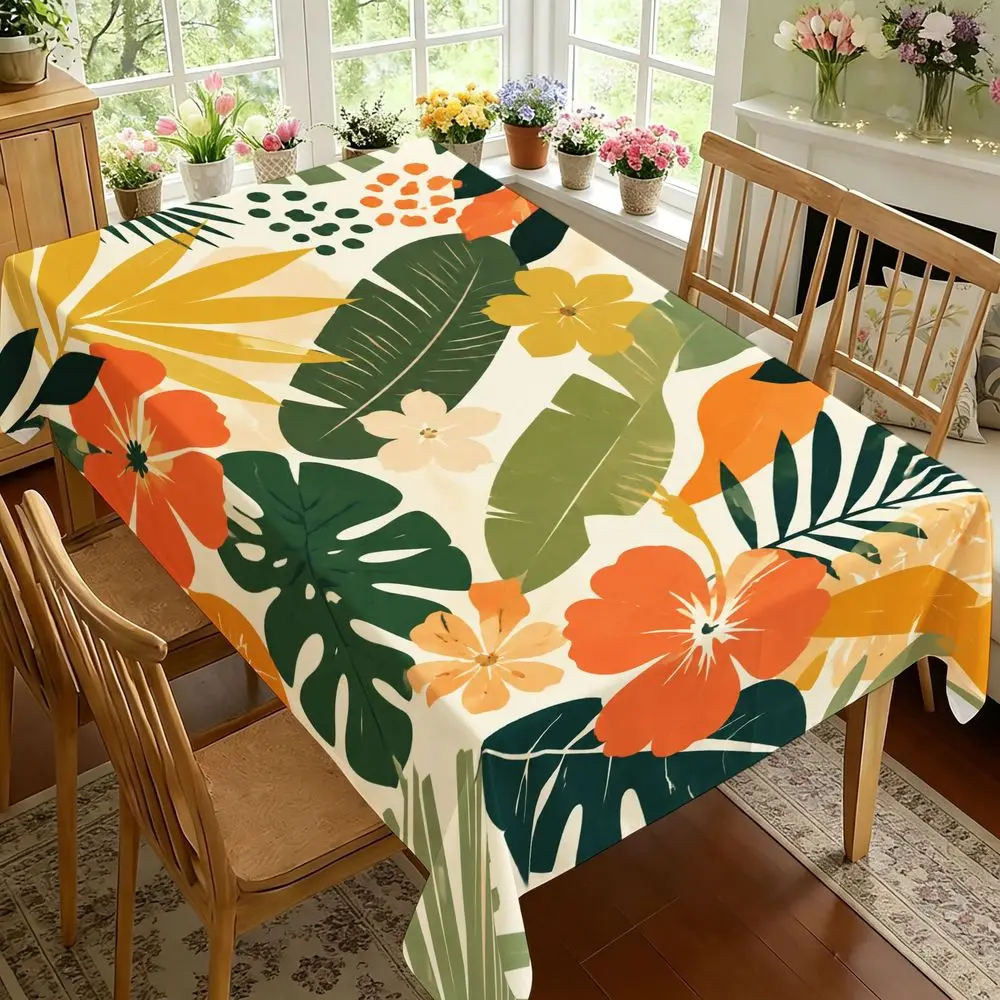 Tropical Botanical Tablecloth - Vibrant Green Leaves And Orange Floral Print, Durable Rectangular Table Cover for Dining Room, Kitchen, Spring And Summer Party Decor, Indoor And Outdoor Use, Housewarming Gift, Easy Care Fabric