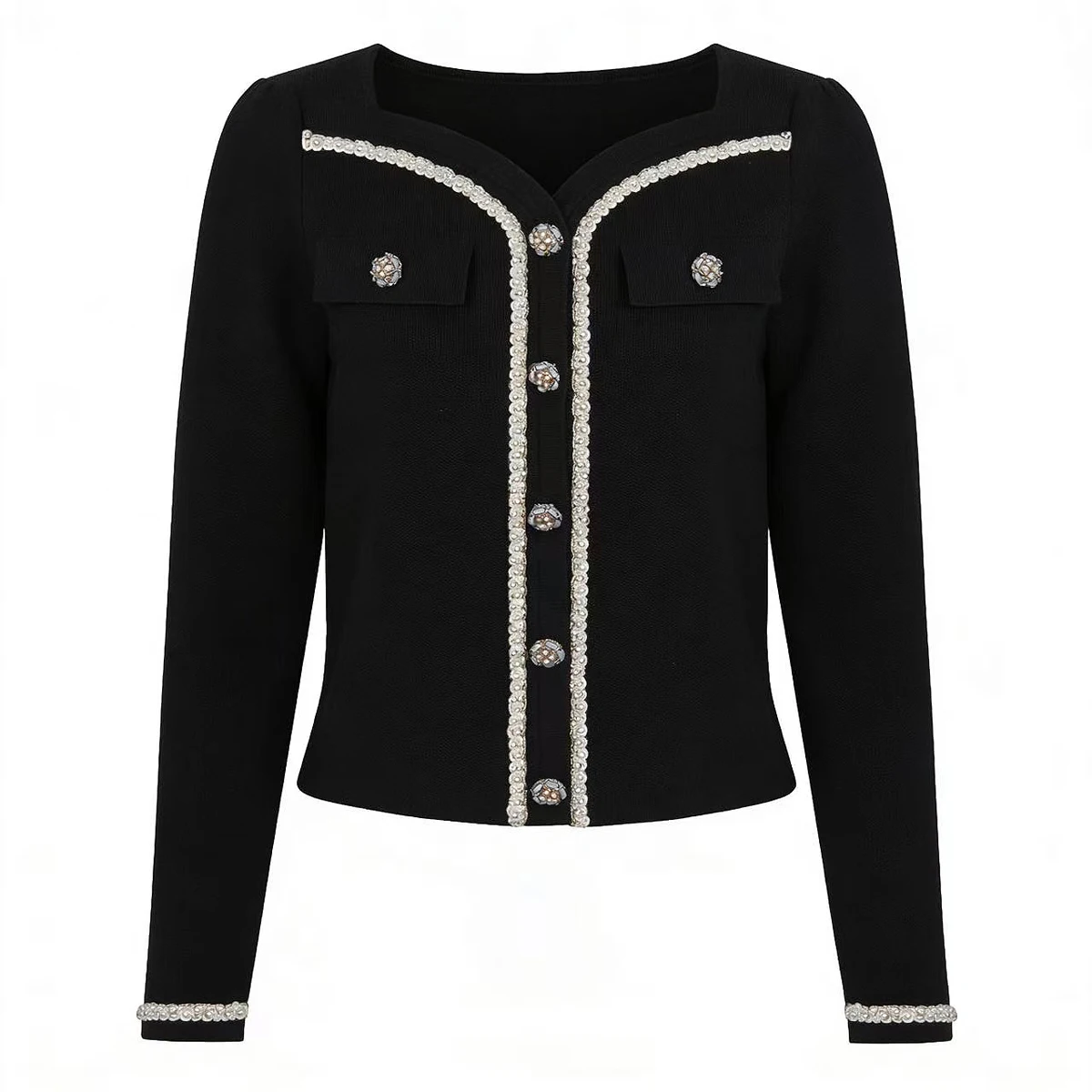 

2667 High End Quality Spring And Autumn New Knitted Fashion Commuter Fashion Nail Bead Long Sleeved Top Cardigan Coat