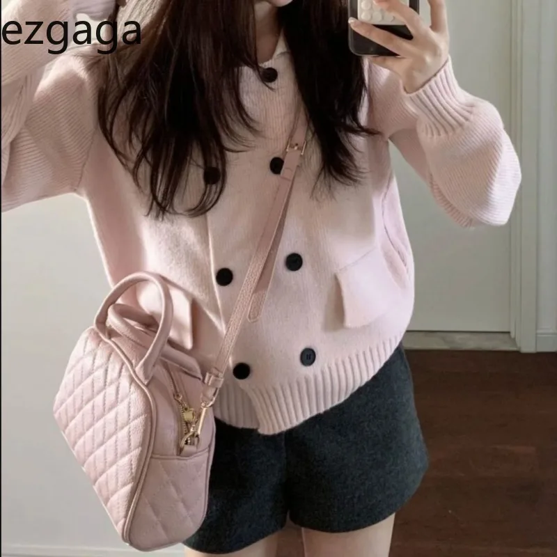 

Ezgaga Knitted Cardigan Women Double Breasted Turn Down Collar Autumn Winter Loose Sweater Female Fashion Sweet Casual