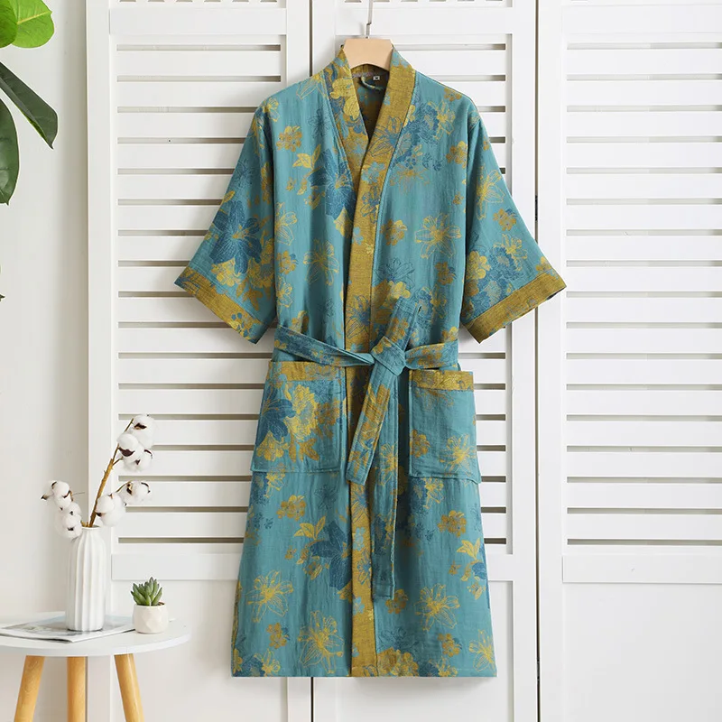 Cotton Double-layer Gauze Bathrobes Spring Thin Pajamas Half Sleeve Kimono Robe Women Yarn-dyed Jacquard Robes Home Loungewear