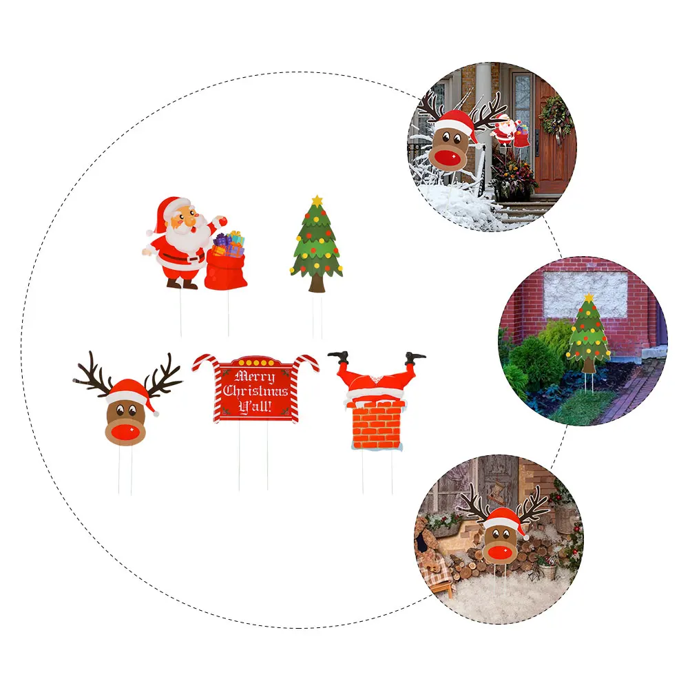 

5pcs Christmas Yard Signs Outdoor Garden Decor Plastic Ground Stakes For Party Venue Xmas Lawn Holiday Boards Durable Festive