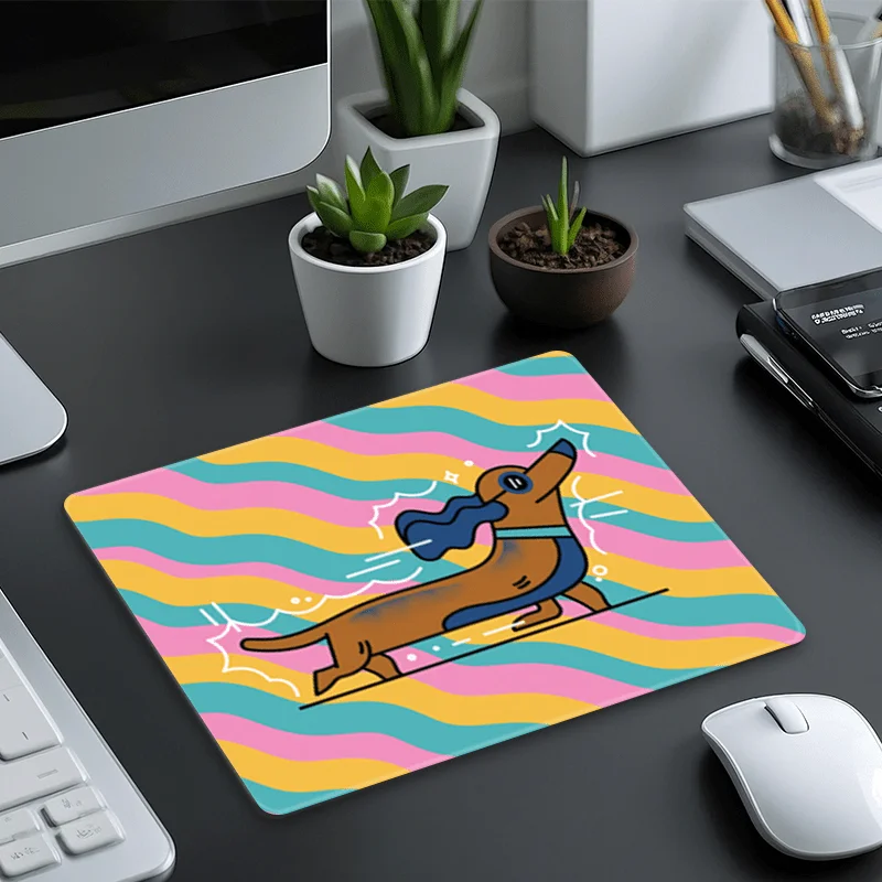

Cartoon Dachshund game mousepad retro striped background, fun art style table mat anti-slip rubber suitable for office and home