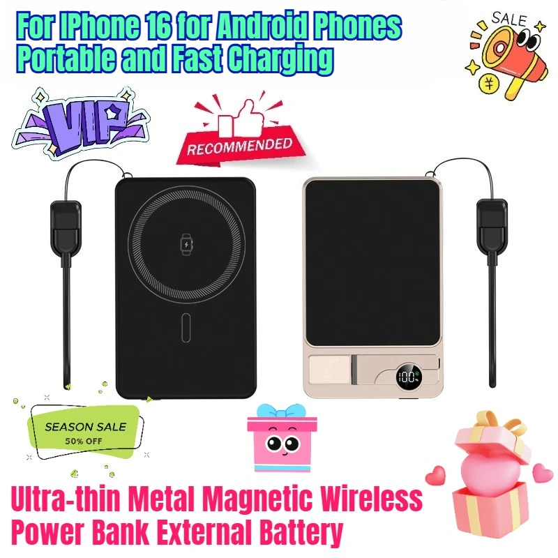 

Ultra-thin Metal Magnetic Wireless Power Bank External Battery for IPhone 16 for Android Phones Portable and Fast Charging