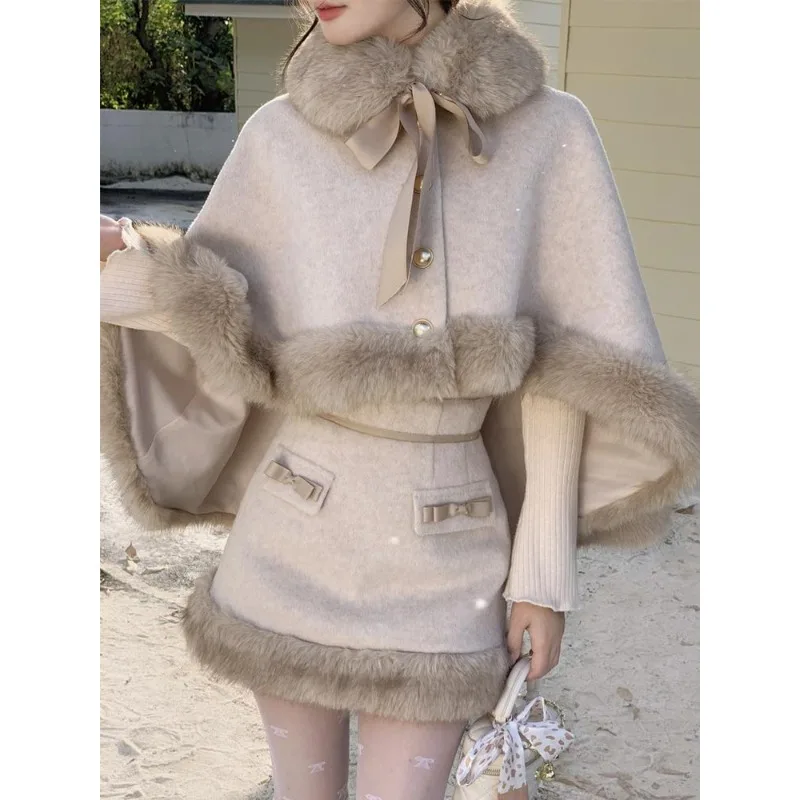 Little Princess French Lady-style Woolen Suit for Women, New Winter Collection Furry Cape and Skirt Two-piece Set