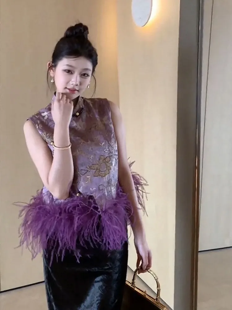 النمط الصيني الأنيق المرأة ستراند طوق سليم صالح الأزهار المطبوعة سترة أعلى ريشة تقسم السيدات الوقوف طوق صدرية خمر