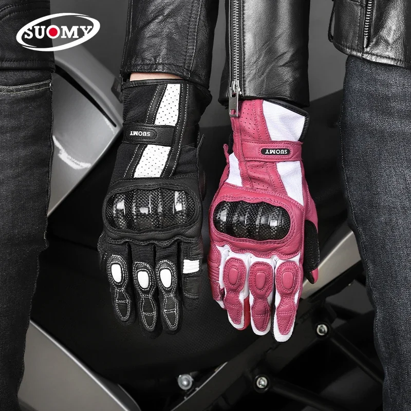 Suomy Women's Vintage Gloves Pink For Motorcycle Men Riding Non Slip Leather Motocross Motorbike Retro Gear Hand Protector XS