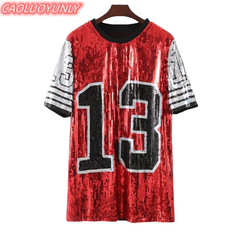 Summer New High Quality Streetwear Striped Number Short Sleeve Sequins T-Shirt Hip Hop Loose Round Neck Straight Women's Wear