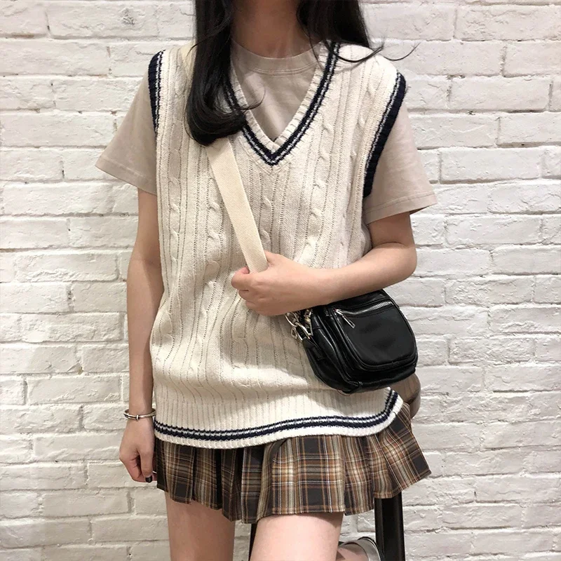 Autumn Winter Preppy Style V-neck Knitted Sleeveless Vest Sweater 2021 Women Slim Warm Vest Twist Stripe Sweater Korean Pullover