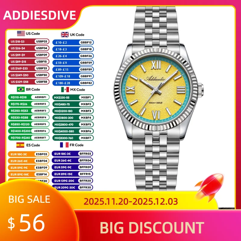 ADDIESDIVE 2025 新型 カラフル文字盤 クォーツ腕時計 メンズ VH31ムーブメント ステンレススチール サファイアガラス 100M防水 ダイバーズウォッチ
