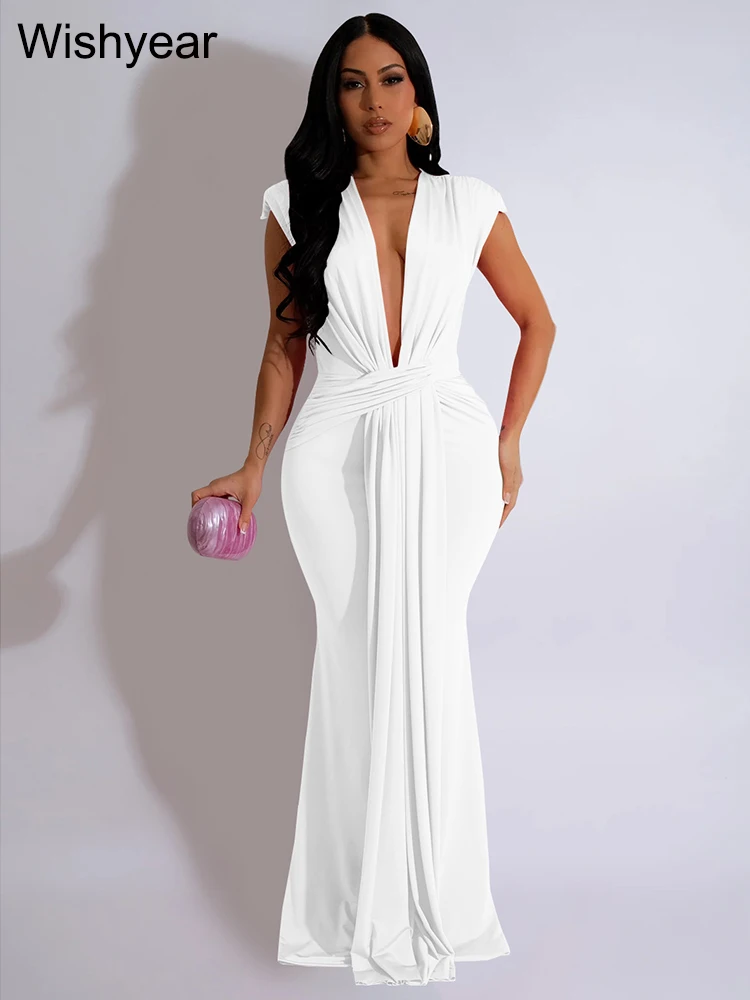 Wishyear Women‘s Elegant Evening Party Sleeveless Deep V-neck Maxi Dress Sexy Bodycon Birthday Night Wedding Gown Vestido Luxury