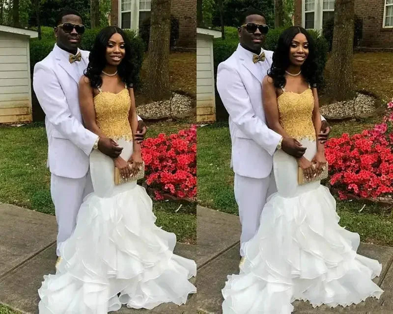 تخصيص فتاة سوداء أفريقية حورية البحر جديد الذهب الدانتيل السباغيتي الأشرطة مثير كشكش طبقات فساتين الزفاف الأبيض الزفاف G