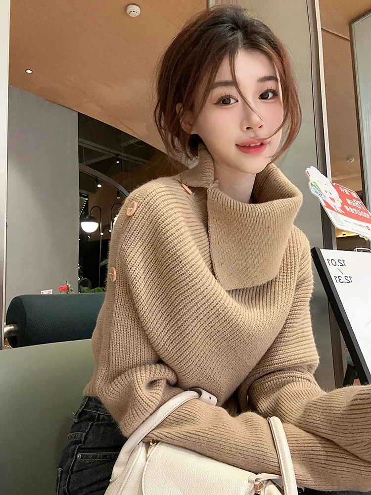 

Длинный женский вязаный свитер цвета хаки в стиле ретро с высоким воротником, свободный пуловер «летучая мышь», осенне-зимний топ Lazy Attitude