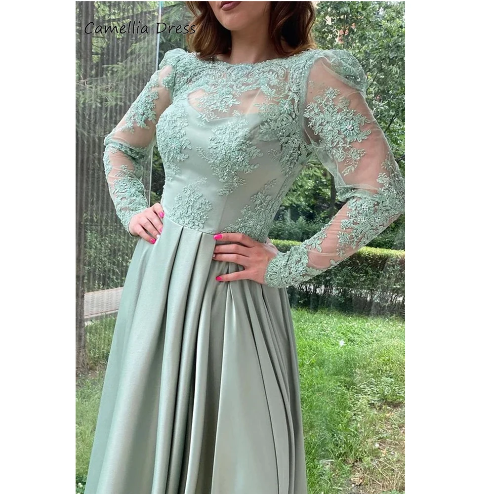 Dusty Sage-Robe de soirée A-Line pour femme, manches longues, fendue avec dentelle, élégante, robe de soirée