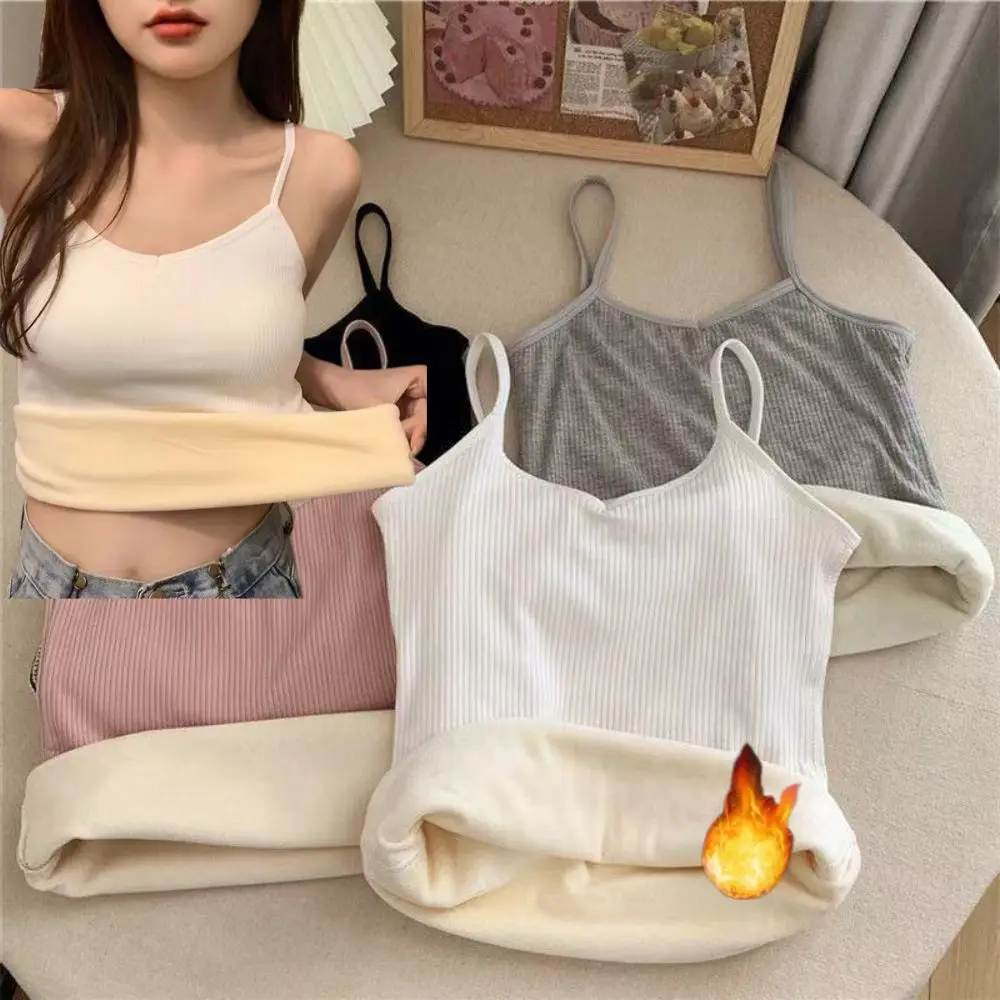

Women Winter Warm Velvet Camisole Solid Color Thermal Underwear Sexy Sleeveless Vest Female Thicken Fur Linered tank Tops