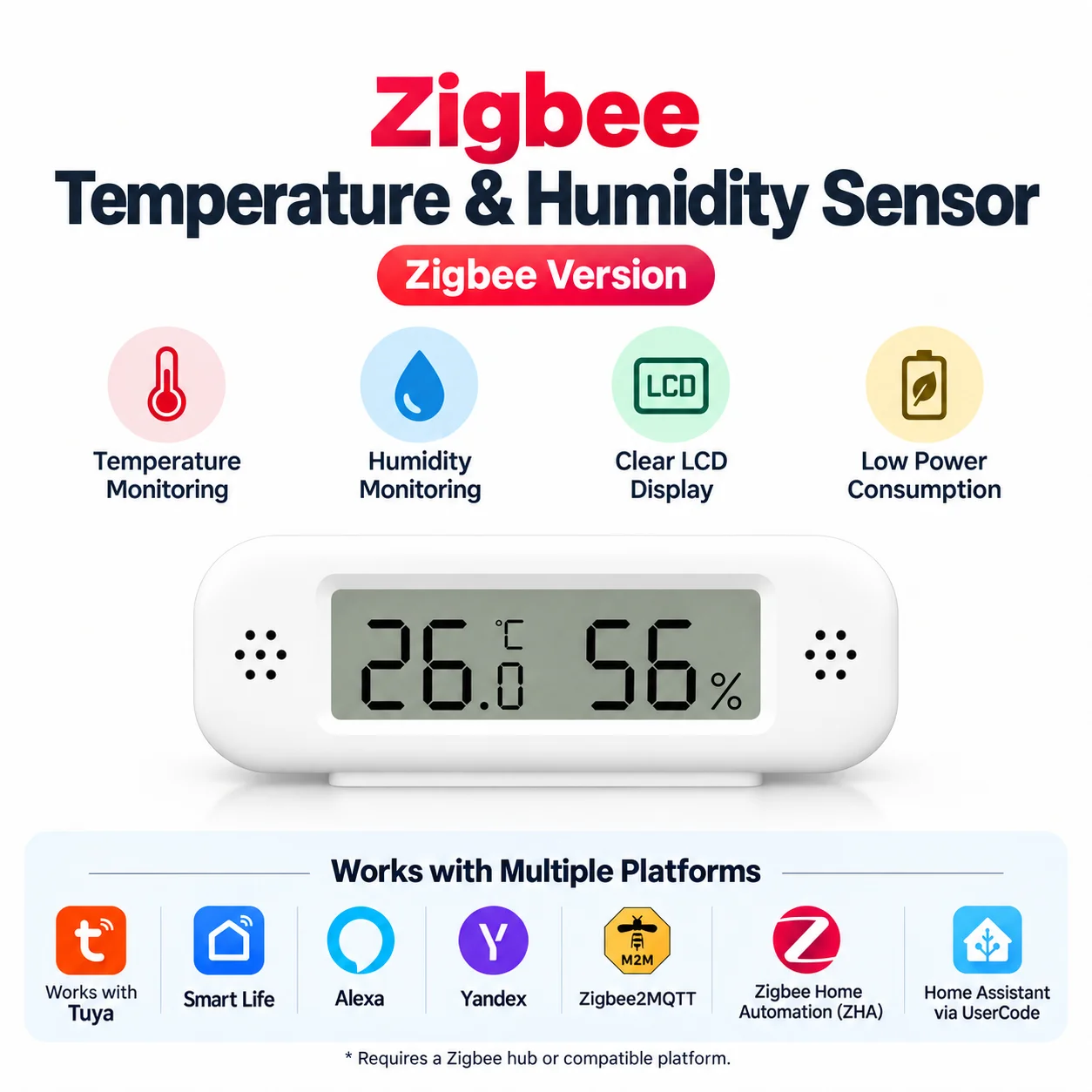 Tuya Zigbee Temperature Humidity Sensor Zigbee Gateway Required Smart Home Mini Thermometer work with Yandex Alexa SmartLife