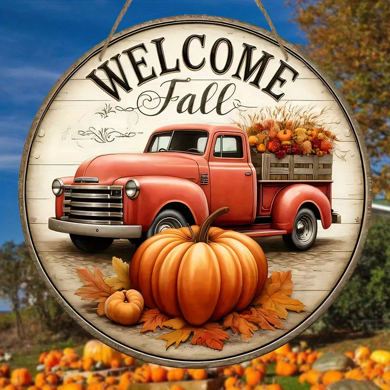 Autumn Harvest Wooden Sign - Rustic Farmhouse Decor with Pickup Truck & Pumpkin Design, Round Wall Hanging for Fall Season, Home