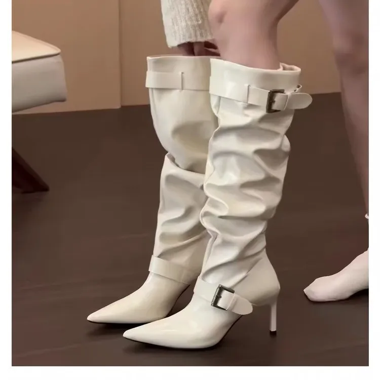 Women Patent Leather Pointed Toe Knee High Boots Thin High Heel Double Strap Buckle Tall Boots Retro Ladies Leather Long Boots