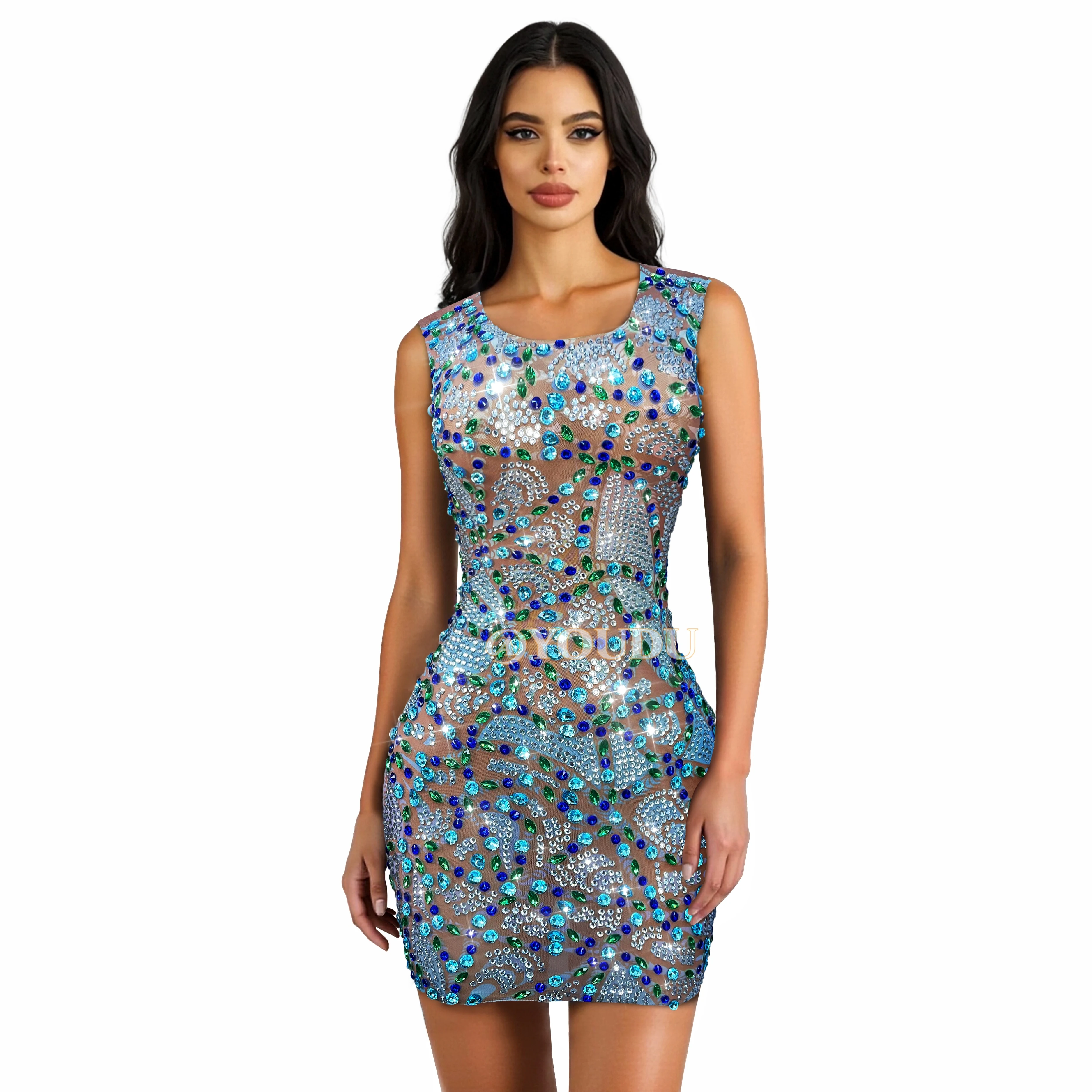Robe en maille élégante ornée de strass scintillants pour femme, idéale pour les soirées, les anniversaires, les célébrations, les spectacles et les tenues de scène - Chuanchuan