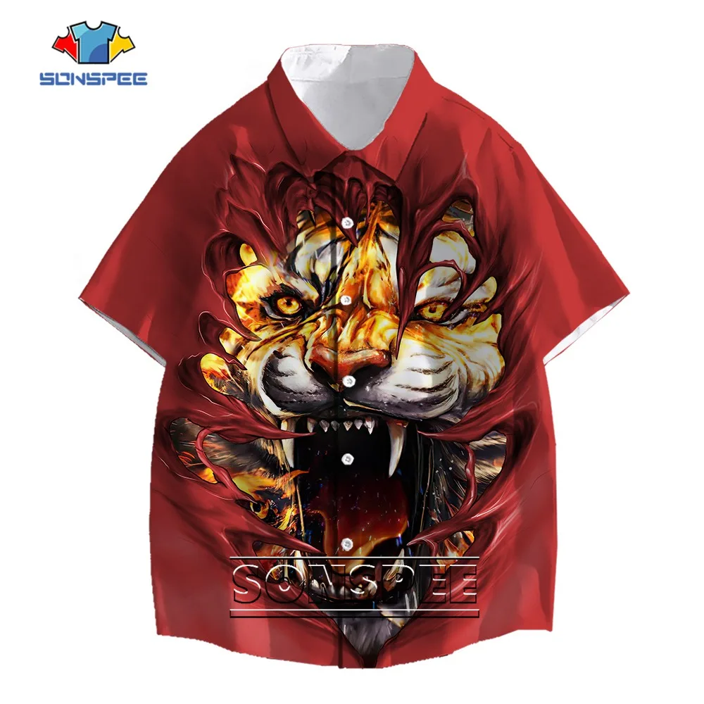 

SONSPEE Summer Red Tiger 3D Print Shirt Men's And Women's Fitness Street Tops Oversized Clothing Short Sleeve Hawaii Blouses