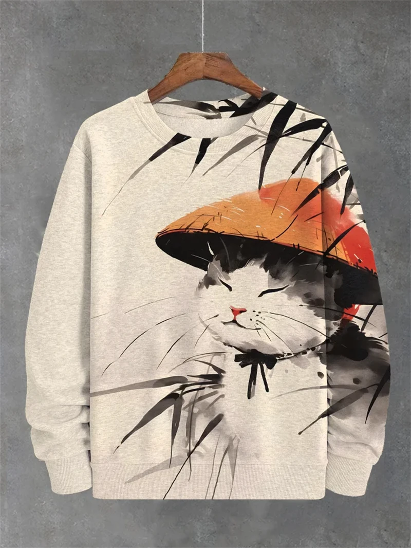 3D Print Cute Cat Graphic Sweatshirt For Men Frog Pattern O-Neck Hoodie Spring Autumn Street Long Sleeved Loose Pullovers New