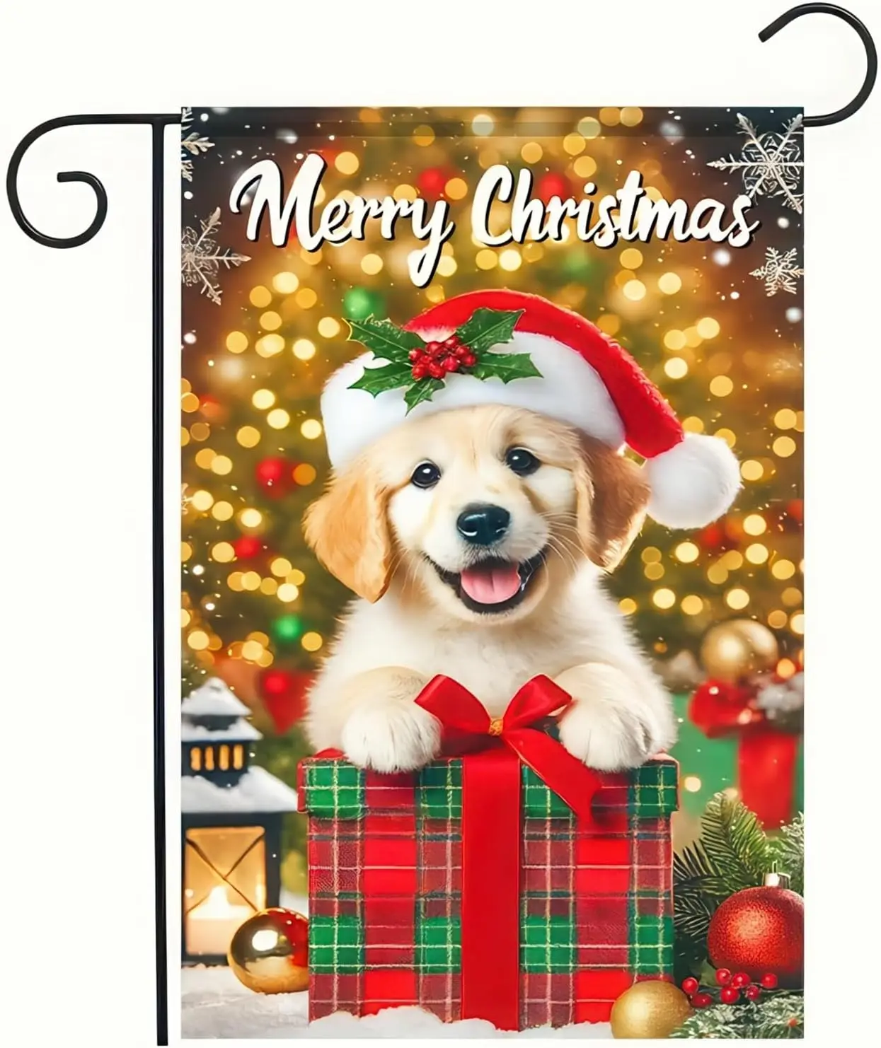 Merry Christmas Garden Flag 12x18 Flag Golden Retriever Puppy Garden Flag Dog Santa Hat Gift Box Double Sided Flag Winter Sign F