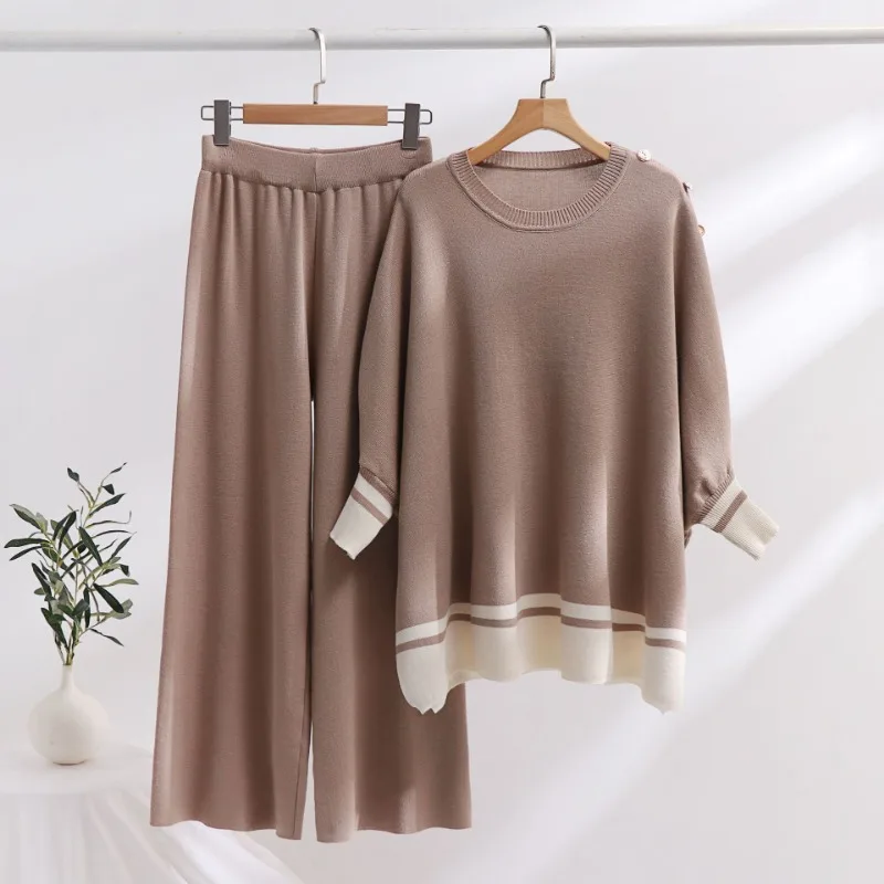 Women Two Piece Set Knit Sweater Full Sleeve Round Neck Sweaters Loose Solid Splice Wide Leg Pants Elastic Waist Casual