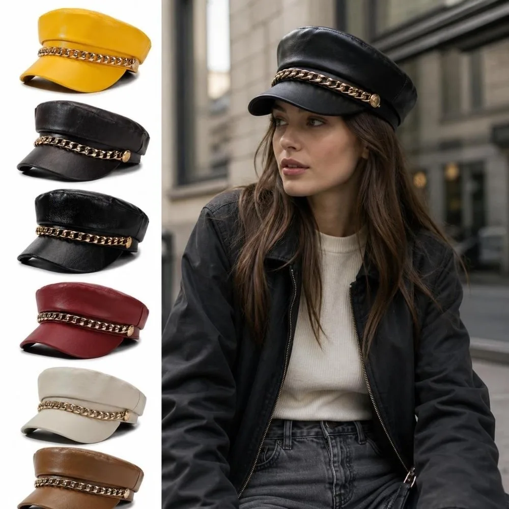 Retro PU Leather Newsboy Cap Solid Color Chain Decor Baker Boy Cap Faux Leather Short Brim Beret Hat Daily Photo Shoot