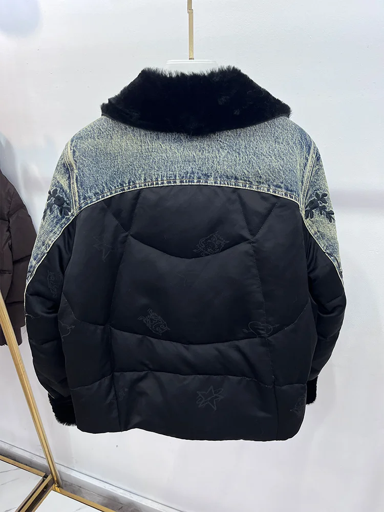 Nowe luksusowe damskie płaszcze z naturalnego futra owczego merino z kołnierzem, kurtki puchowe z gęsiego puchu, kurtki jeansowe i odzież wierzchnia na zimę 2025