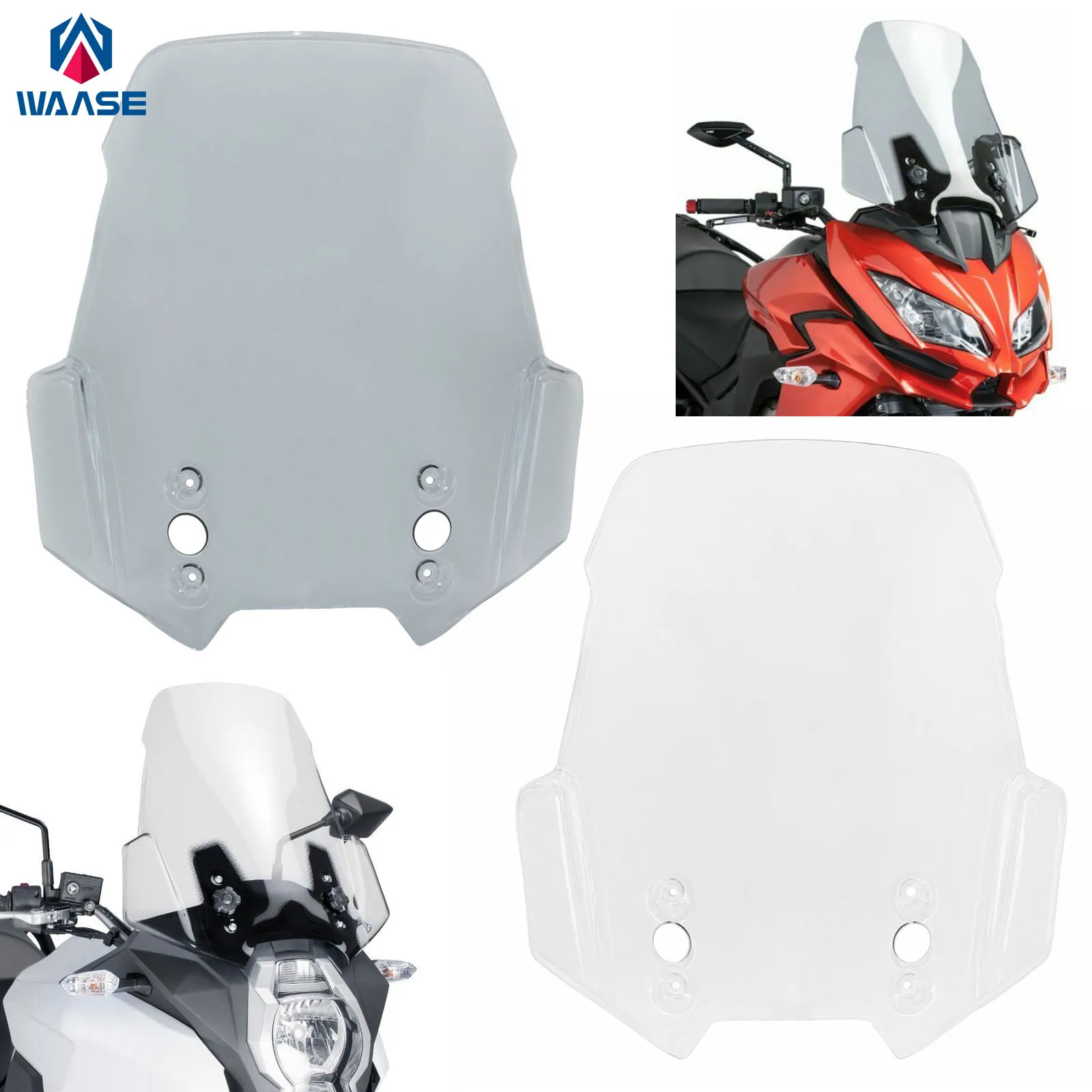 

waase Windshield For Kawasaki Versys 650 2015 2016 2017 2018 2019 2020 2021 Windscreen Airflow Wind Deflector Viser Visor Glass