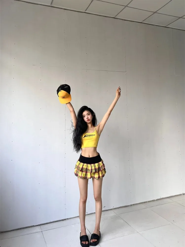 

American Vintage Spicy Girl Casual Camisole Top+ Summer Slim Waist Ruched Plaid A-line Skirts 2025 New Two Piece Sets