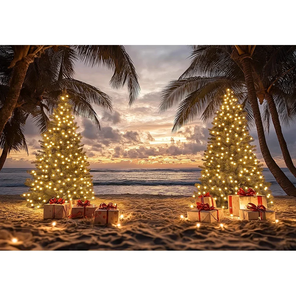 

Christmas Tree With Garland And Presents On Summer Beach Backdrops Kids Adult Photography Child Baby Photocall Decors Background