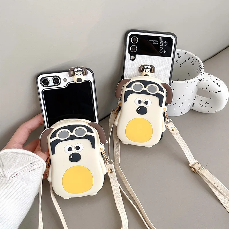 Cute Glasses Dog Cartoon Wallet Foldable Screen Phone Case For Samsung Galaxy ZFlip 5 4 3 Clamshell With Lanyard Phone Case