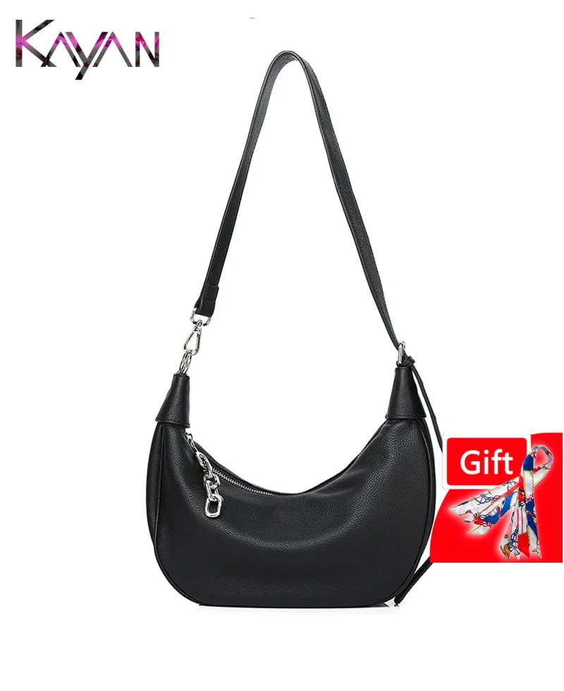 New Lazy Style Natural Lichee Cow Leather Women Sholder Hobo Moon Bag High Quality Cowhide Female Underarm Crosbody Bag