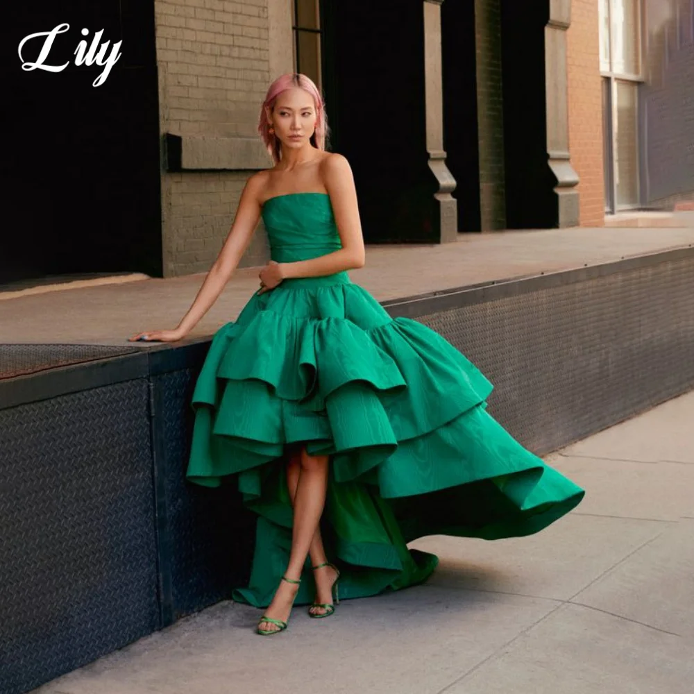 Lily Green Elegant Formal Gown Strapless Backless Prom Dress Satin Layered Short Front and Long Back Evening Dresses Customized