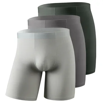 Boxer respirant à longues jambes pour hommes, culotte de sport, grande taille, élastique, Sexy, Cueca, soie glacée, pantalon court allongé sans couture