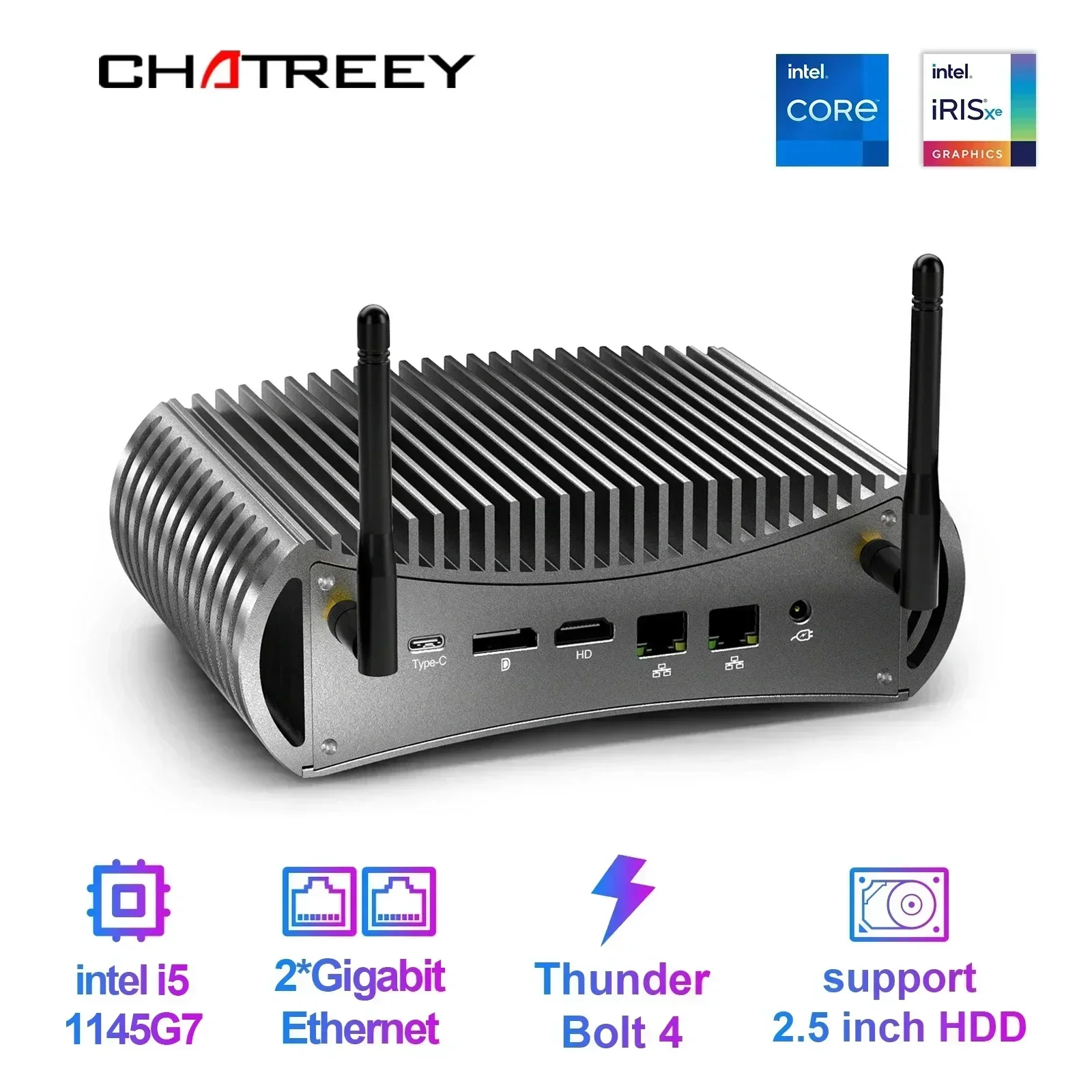 Chatreey TK11-F PC Mini Intel Core i5 1145G7, NVMe SSD 3x4K @ 60GHZ Thunderbolt 4 komputer Server Firewall LAN ganda