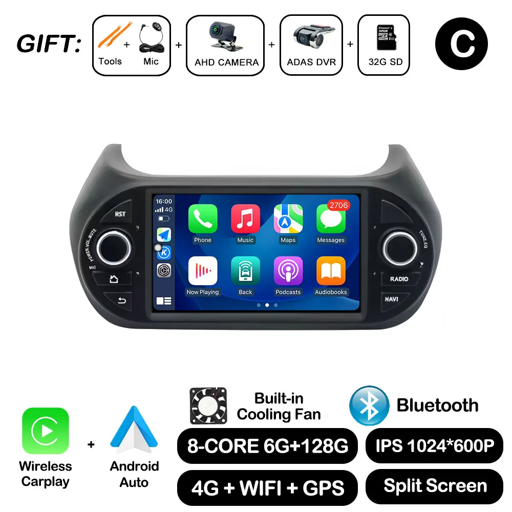 Autoradio Multimedia Video Player For Fiat Fiorino Qubo Citroen Nemo Peugeot Bipper 2008-2017 CarPlay GPS Navi DSP Stereo - afbeelding 1