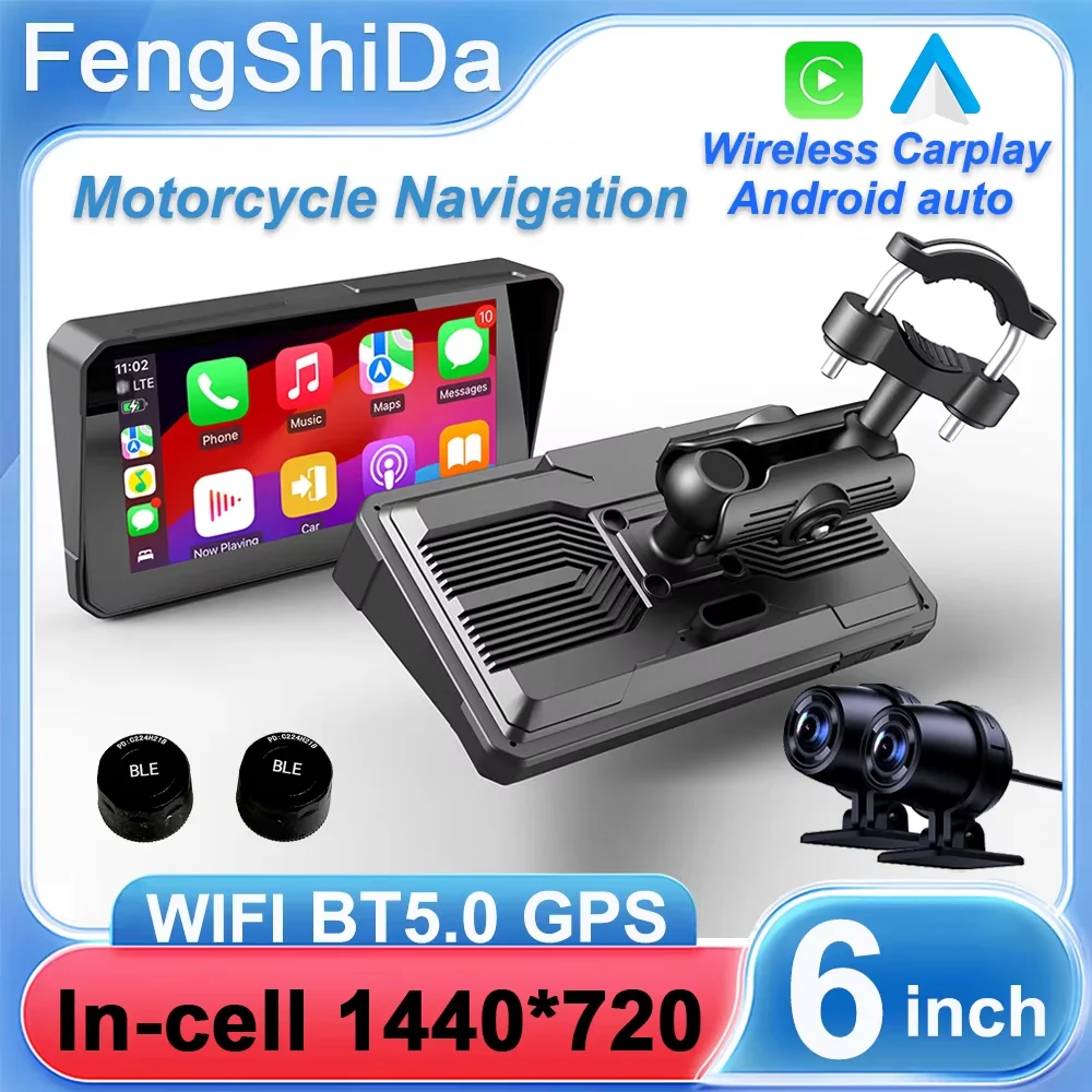 6 inch Motorcycle Navigation Screen Wireless CarPlay Android Auto Motorcycle GPS Motor DVR Monitor AMP TPMS Optional