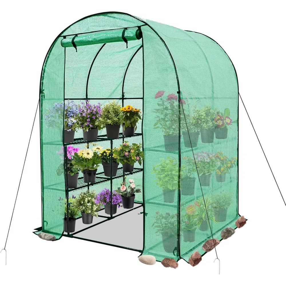 

3-Tier Walk in Portable Greenhouse with 8 Wire Shelves, Indoor and Outdoor Garden House with Roll Up Zipper Door and Windows, E