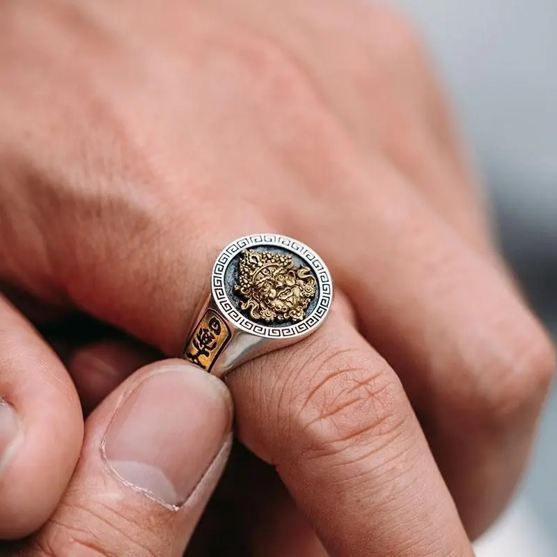 3D Yellow Jambhala Ring Men Vintage Style Adjustable Buddhist Wealth Deity Finger Amulet Jewelry