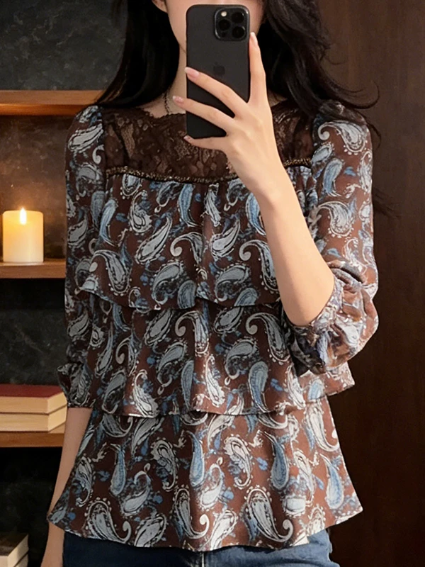 

Large Size Summer 2026 New Style Women's Shirt Floral Print Lace Square Collar Slimming Top Comfortable Breathable Korean Style