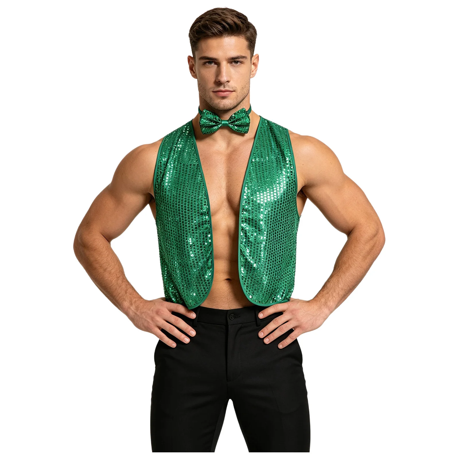 Men's Shiny Sequins Disco Jazz Dance Vest V-Neck Sleeveless Open Front Waistcoat with Bowtie for Nightclub Wedding Party Prom