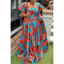 Plus Size Dames Gebloemde Jurk Met Zakken Korte Mouwen Ronde Hals Mouwen Met Ruches Mouwen Casual Zachte Mode Zomer Maxi Jurk