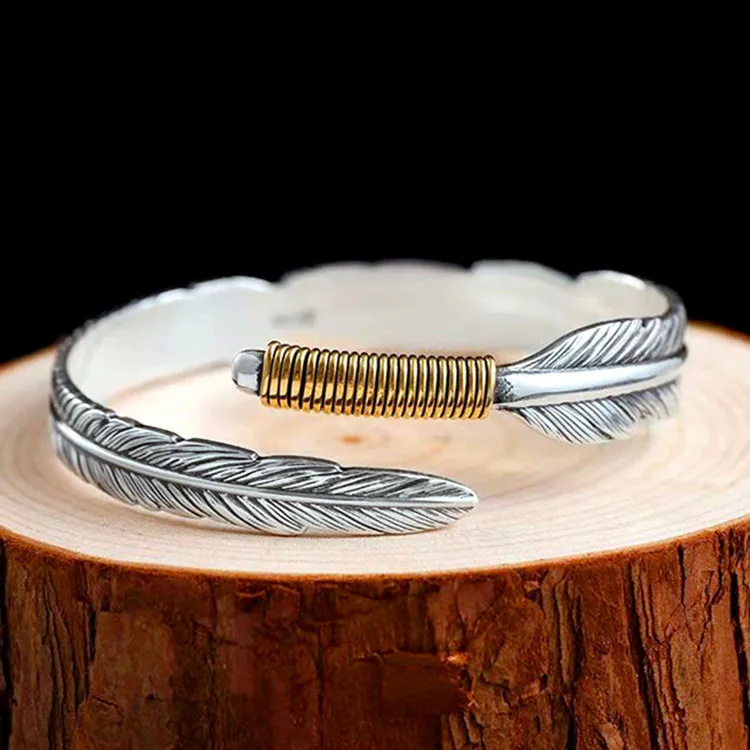 New Creative Ethnic Style Retro Feather Bracelets 925 Sterling Silver Jewelry Fashion Leaf Exquisite Opening Bangles TYB129