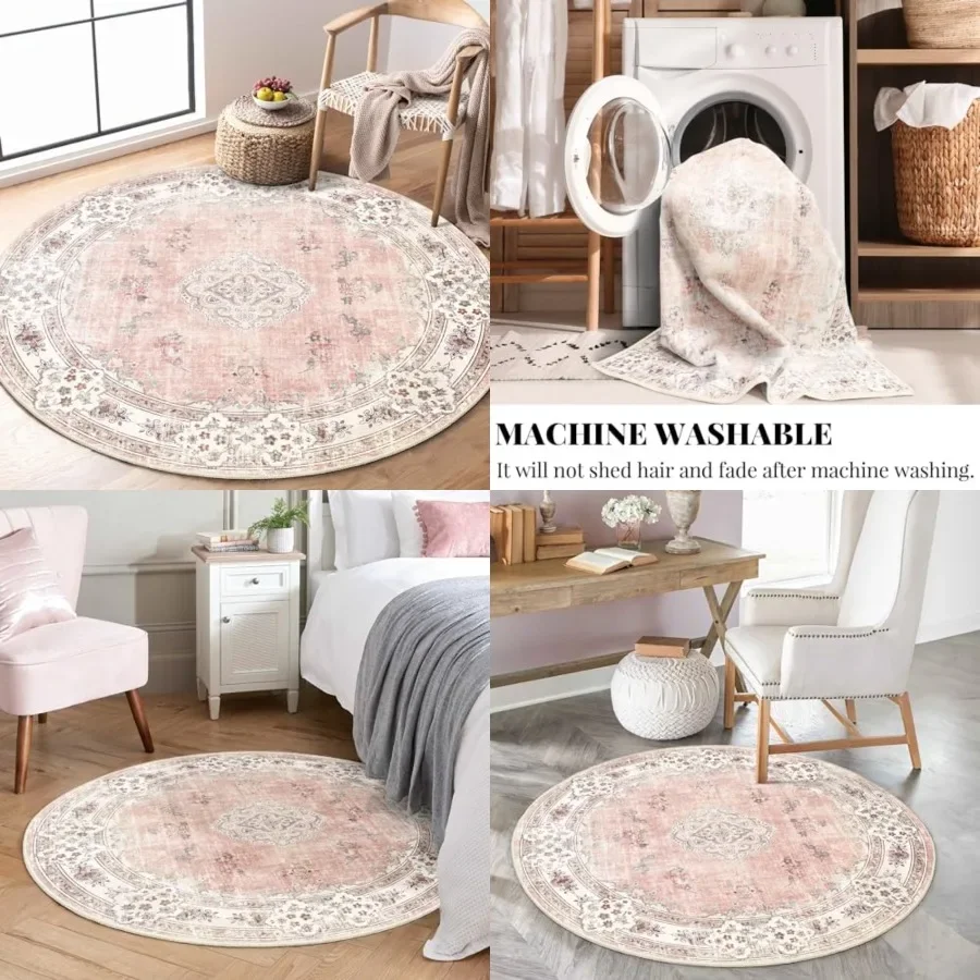 

Round Rug 4Feet, Circle Washable Area Rugs for Bedroom Living Room Bathroom, Boho Small Non Slip Circular Carpet, Blush Floral