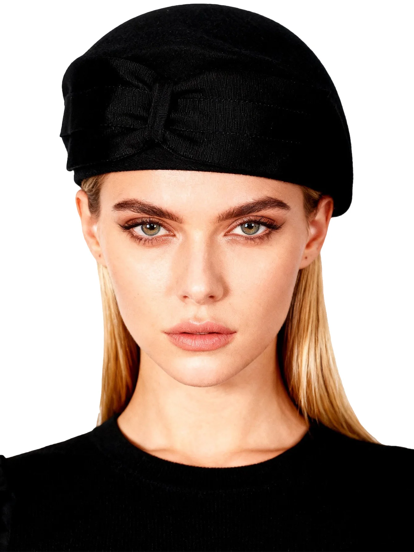 FS Vintage Women\'s Wool Beret Hat Black Felt Fedora with Big Bow Elegant Winter Church Wedding Ladies Beret Femme