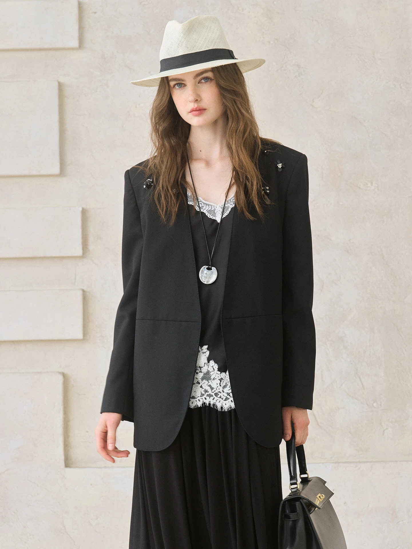 

Miorastudio Classic Black 3D Handmade Embroidery Woolen Suit Jacket Women's Original Design Commute Casual Long Sleeve