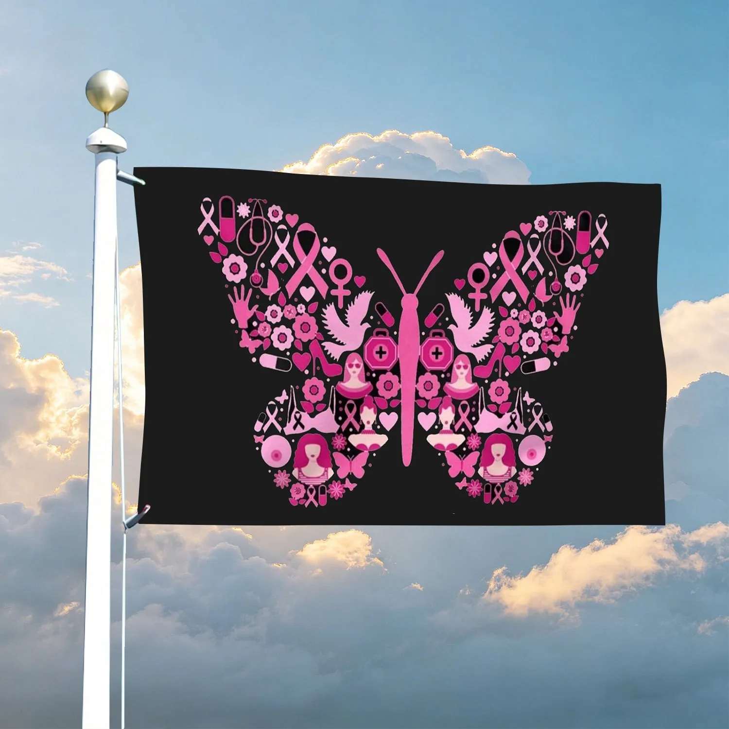 SaditY Breast Cancer Awareness with Butterfly Sign Flag Vibrant Polyester Indoor Outdoor Decoration for Party