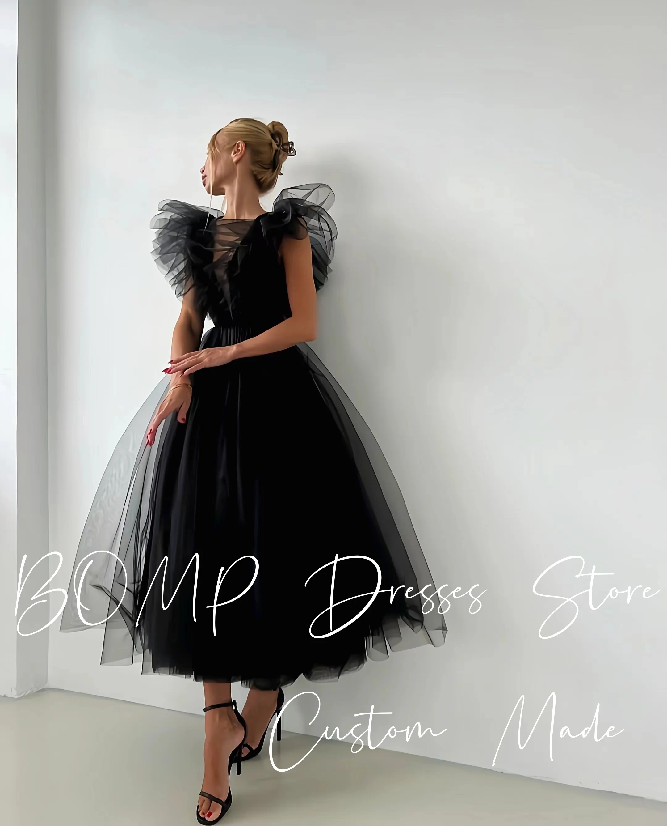 BOMP Abito da sera moderno nero con scollo a V senza schienale Piega alla caviglia Organza Occasioni speciali Abito da ballo di fine anno Personalizzato Elegante